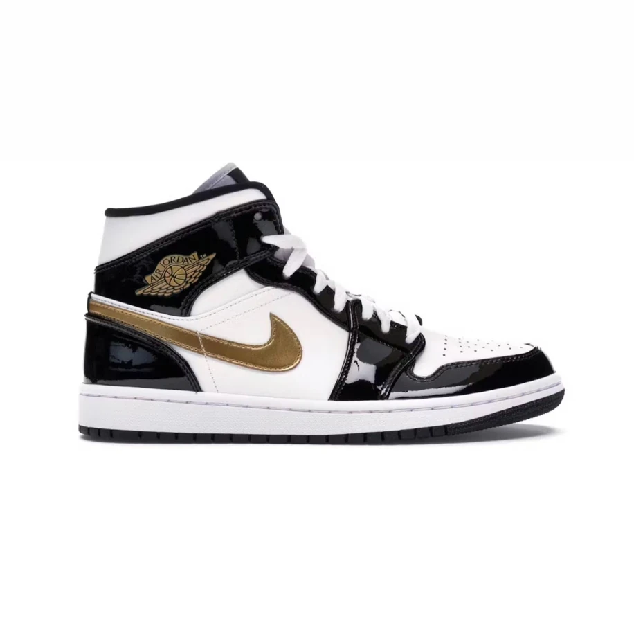 Jordan 1 Mid Patent Black White Gold